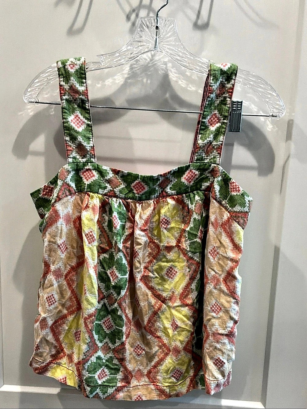 Anthropologie Geometric Button-Front Top in Green & Pink Small Blouse Back Butto